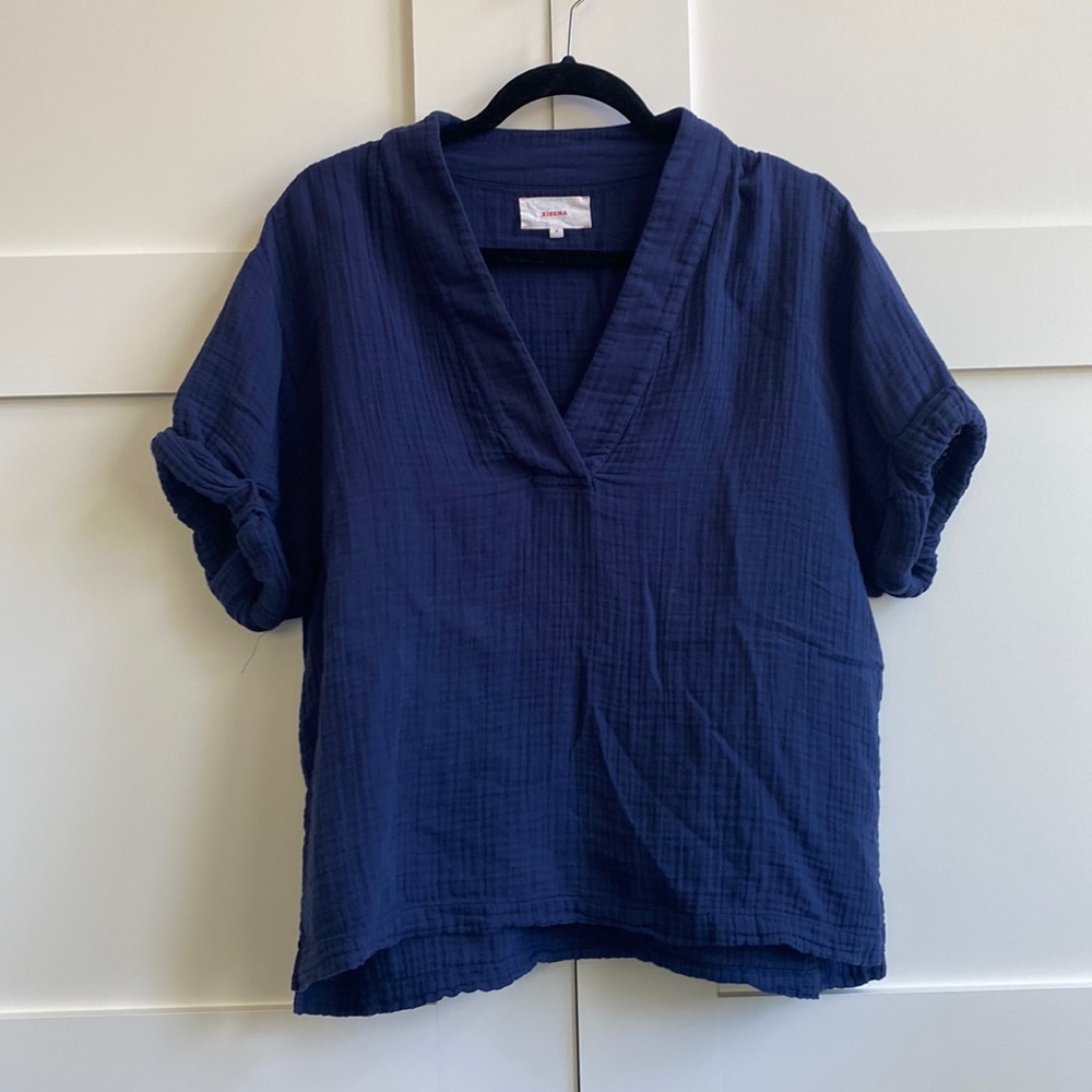 Rolled cuff sleeve v neck cotton summer weight blouse